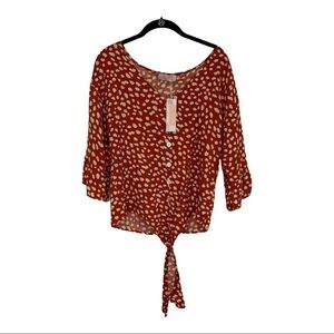 NWT C+D+M cotton blend rust‎ orange brown leopard print style tie blouse